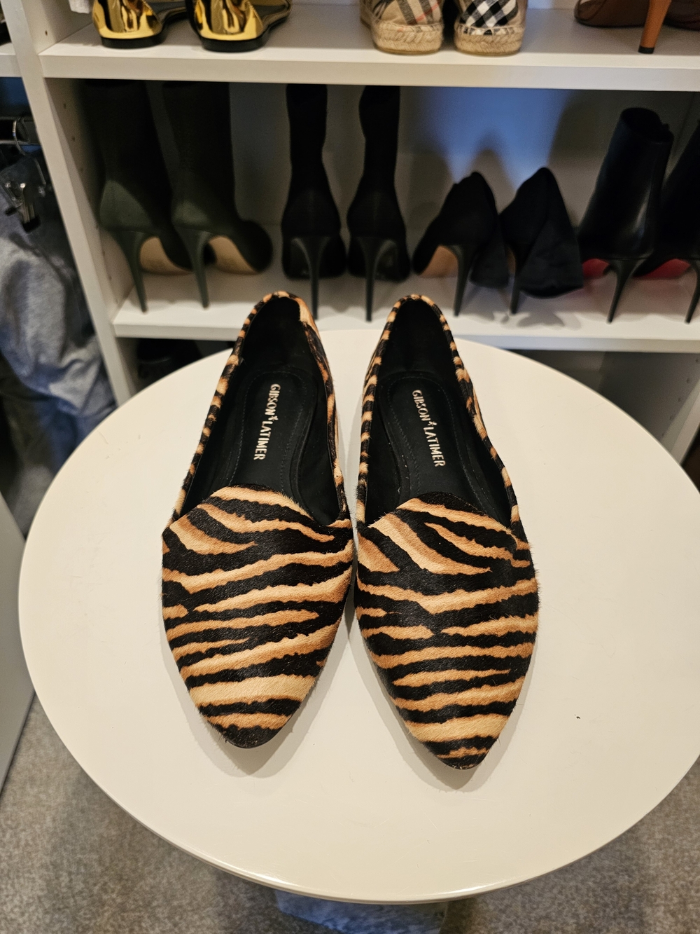 Gibson Latimer Tiger-Print Pointed Flats in Black & Tan